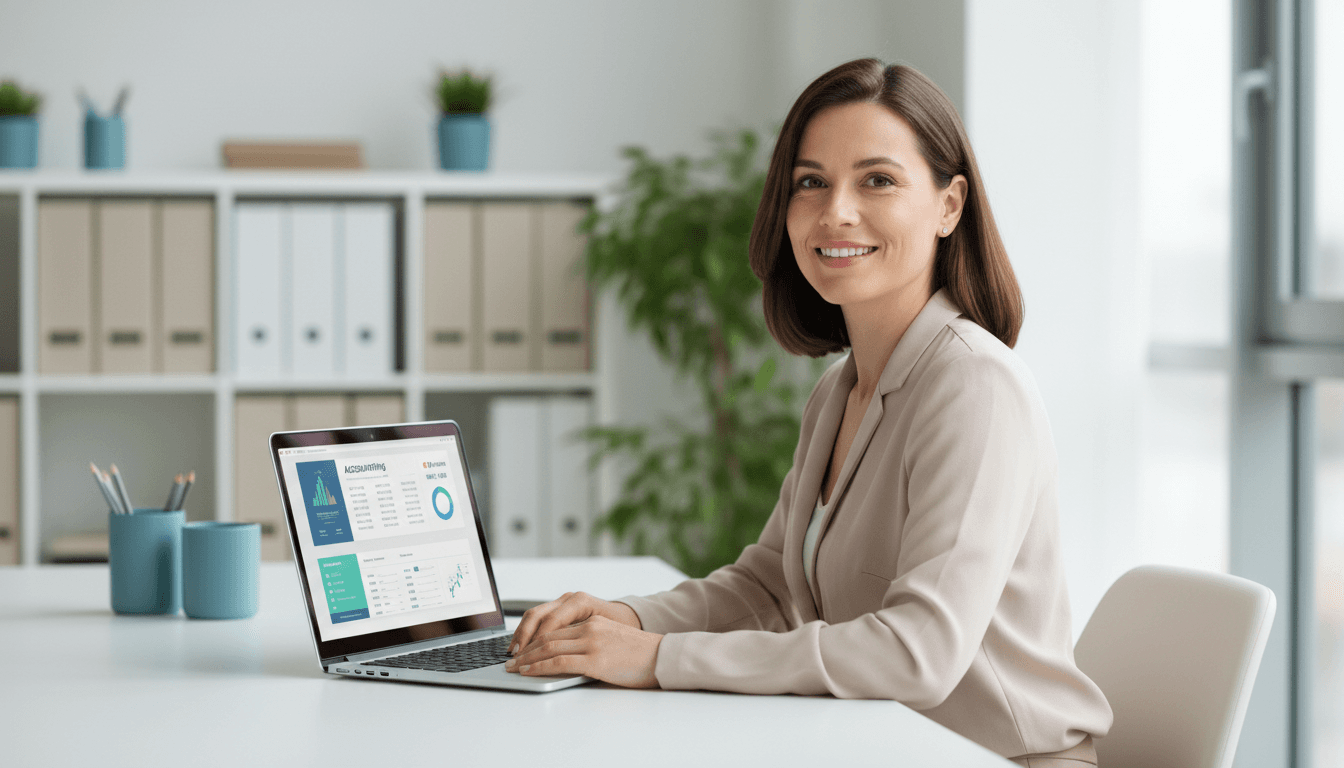 Bookkeeper Olivia smiling at her desk with accounting software on laptop