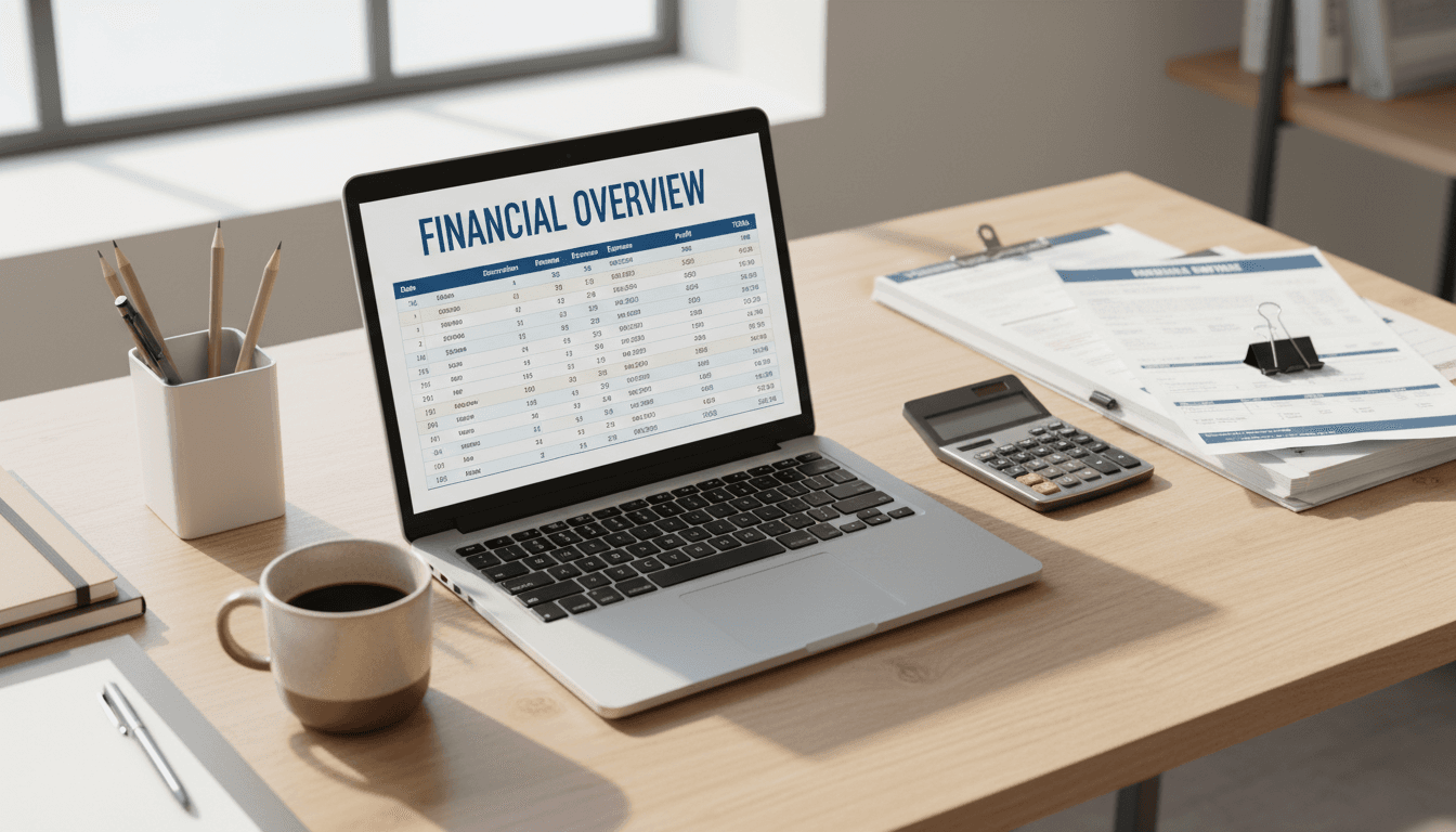 Organized bookkeeping desk with laptop showing accounting software and financial documents