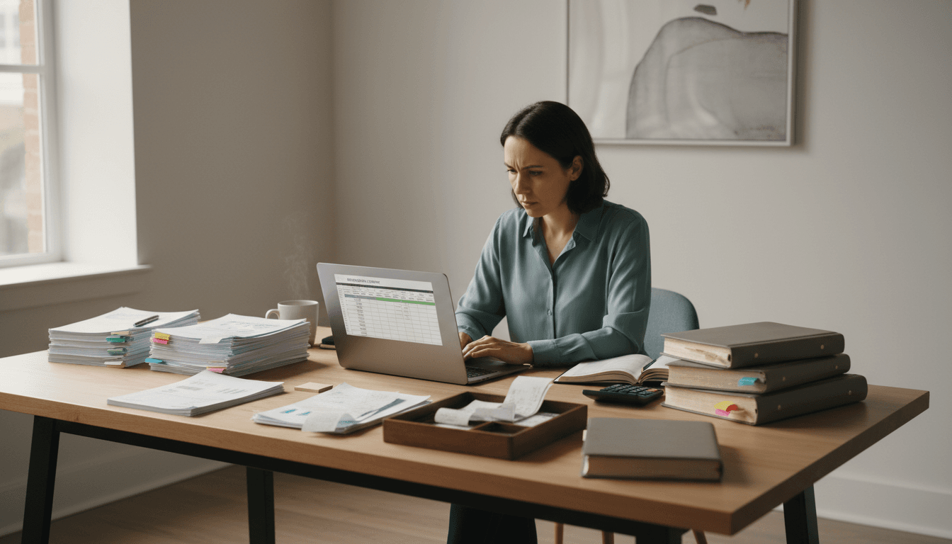 Professional bookkeeper reviewing organized financial records at desk
