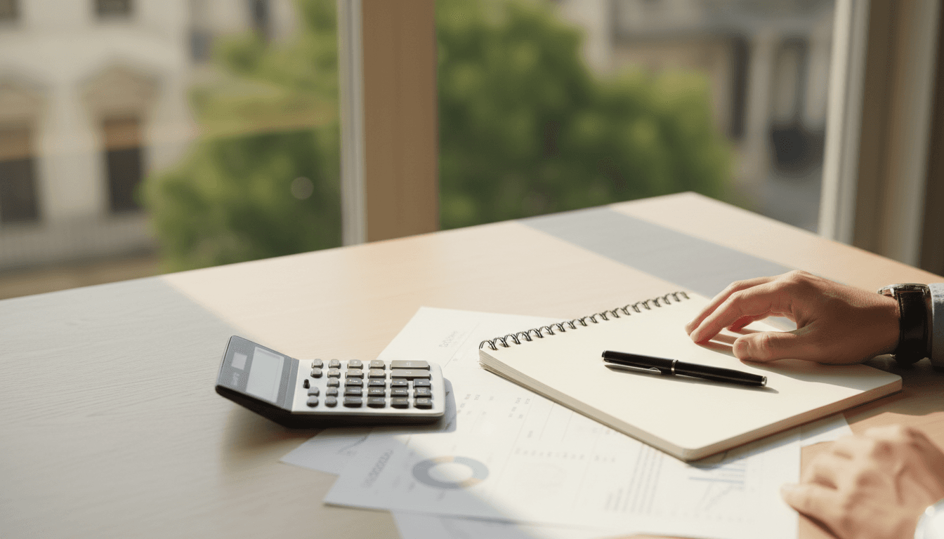 Professional bookkeeper's desk with organized financial documents and natural lighting