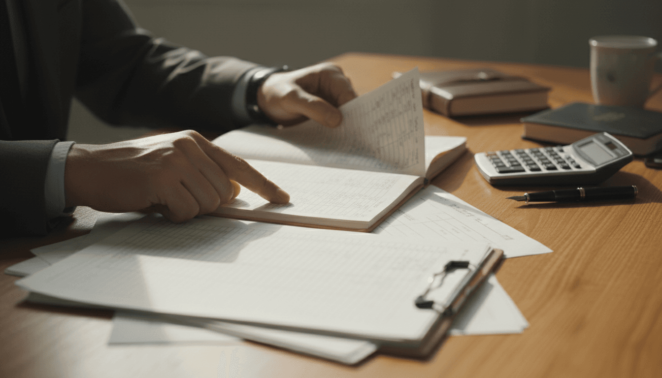 Close-up of hands reviewing organized financial documents on a wooden desk with natural light