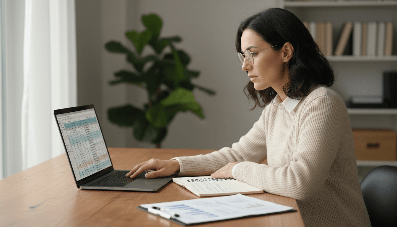 Bookkeeper reviewing financial records on laptop at wooden desk