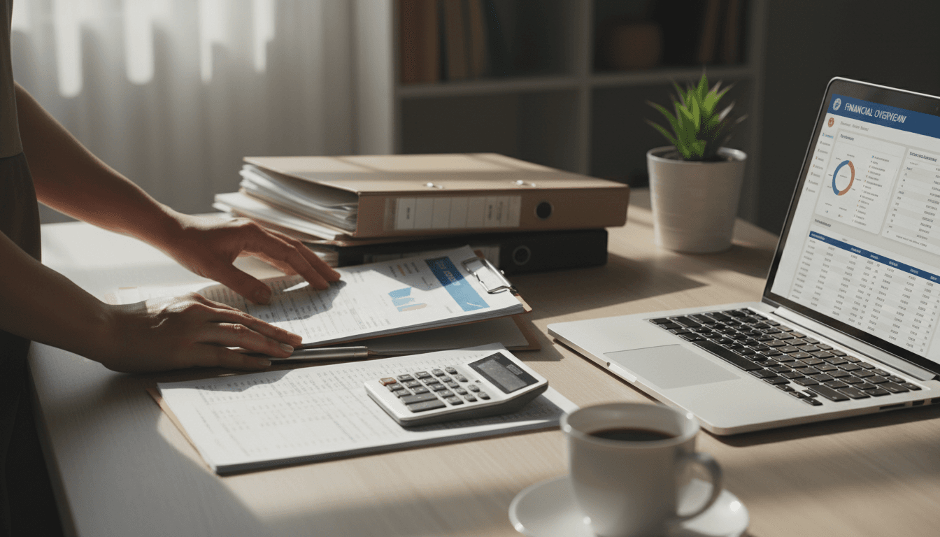 Professional hands organizing financial documents and spreadsheets on a clean desk with natural morning light