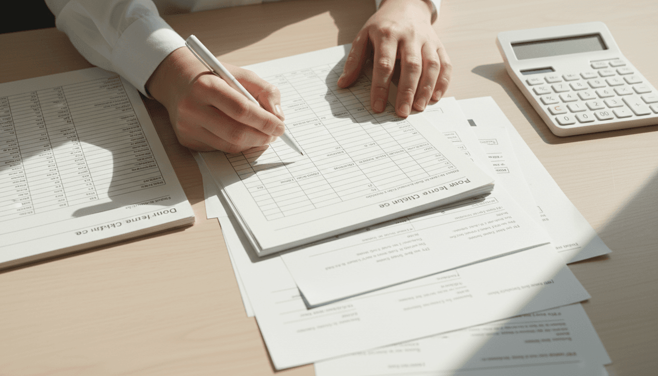 Hands organizing financial documents and ledger pages