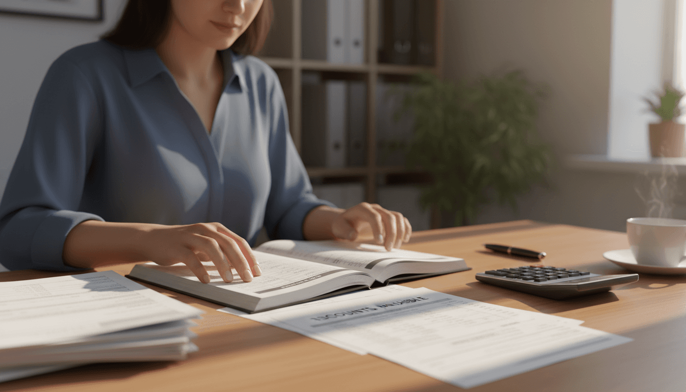 Bookkeeper reviewing organized financial records at a wooden desk with natural morning light