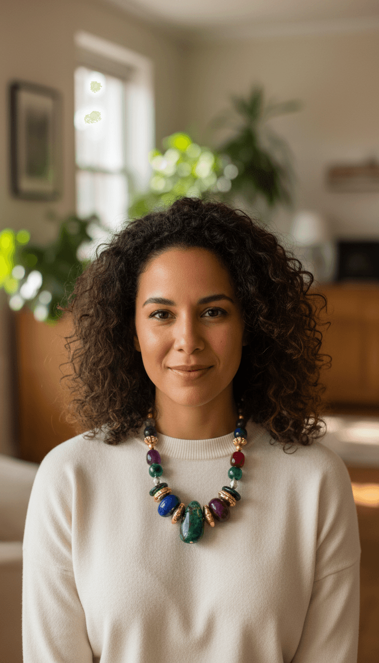 Confident woman wearing striking handmade beaded statement necklace in natural window light