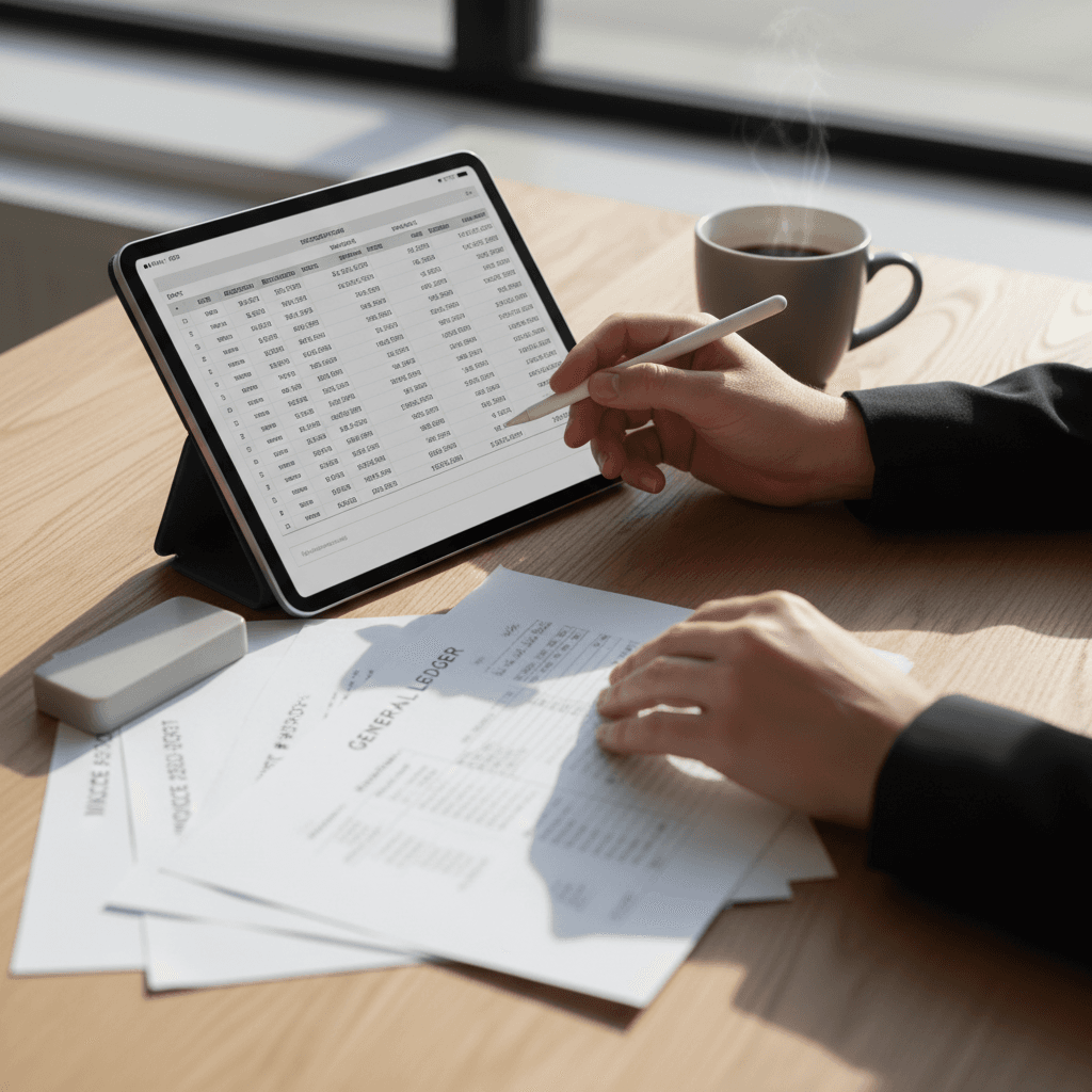 Accountant's hands reviewing financial documents and tablet with spreadsheets on organized wooden desk