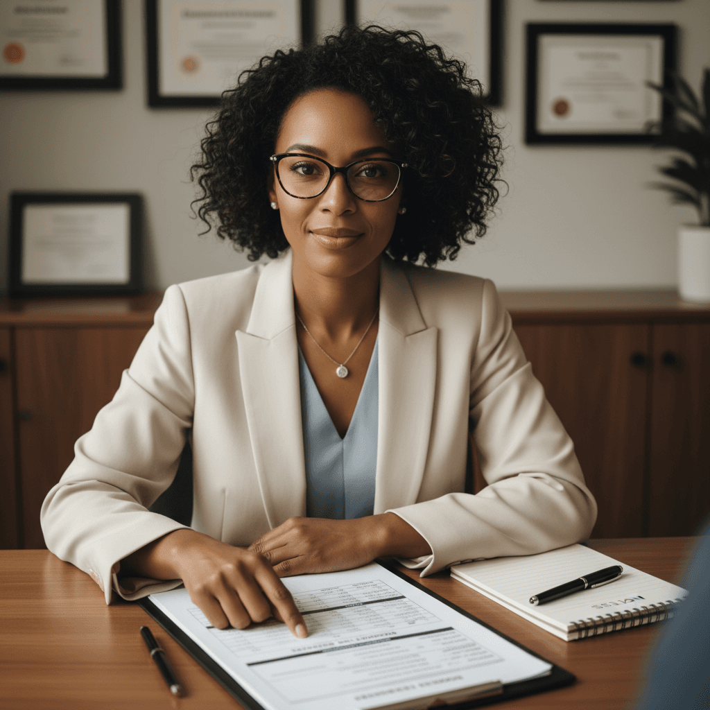 Female financial coach reviewing financial statement with client, pointing at document details attentively